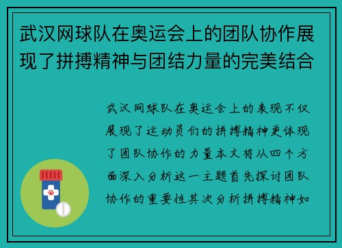 武汉网球队在奥运会上的团队协作展现了拼搏精神与团结力量的完美结合